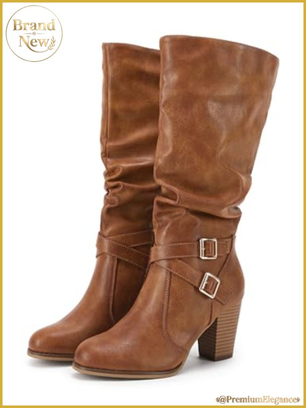 Faux Leather Mid Calf Boots Chunky Heel Slouchy Metal Buckle Side Zipper